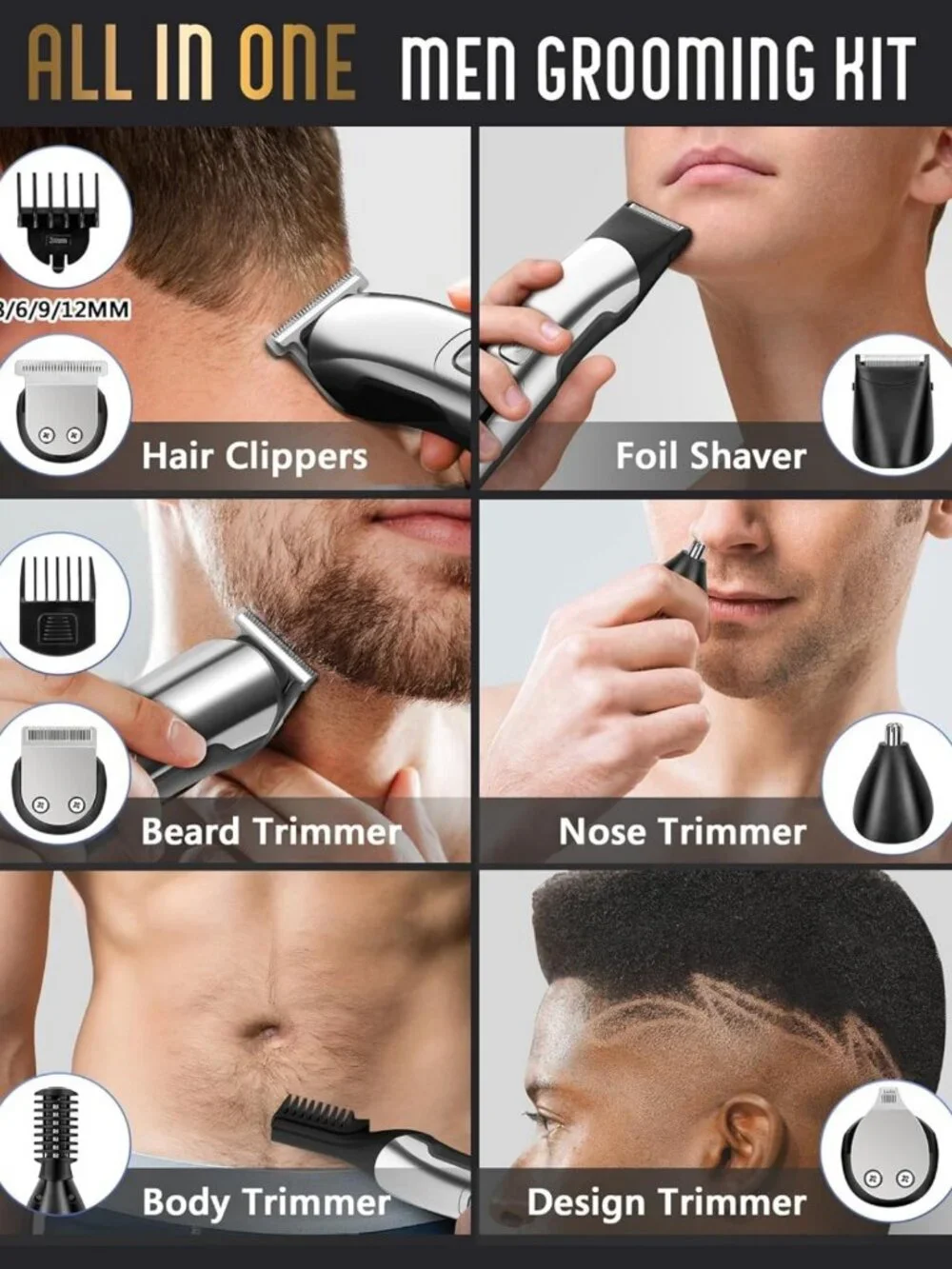 Waterproof Cordless Beard Trimmer & Grooming Kit for Men - Face, Body, Nose